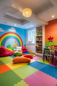 children's playroom with colorful flooring and walls