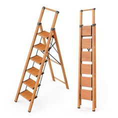 a wooden step ladder next to an empty shelf on a white background with clippings