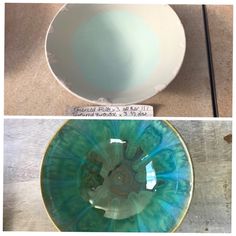 two bowls with different designs on them, one blue and the other green