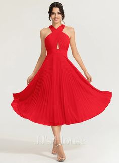 A-line V-Neck Tea-Length Chiffon Cocktail Dress With Pleated (016170861) Pleated A-line Chiffon Party Dress, Red A-line Chiffon Party Dress, Chiffon A-line Dress With Pleated Bodice, Pleated Chiffon A-line Party Dress, Red Pleated Chiffon Dress, Pleated Chiffon Bridesmaid Dress, Pleated Midi Length Chiffon Dress, Pleated A-line Midi Dress For Wedding Guest, Chiffon A-line Midi Bridesmaid Dress