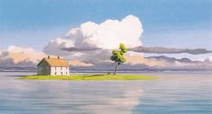 a house on an island with a tree in the foreground and clouds in the background