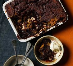 a chocolate cake with ice cream in a bowl