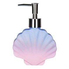 a soap dispenser with a pink and blue shell on it