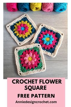 crochet flower square free pattern with text overlay that reads, crochet flower square free pattern