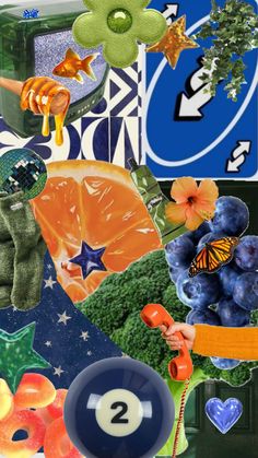 a collage of various items including fruit, flowers and other things in the background