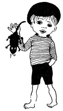 a black and white drawing of a boy holding a mouse