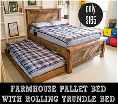 a bed frame made out of pallet wood with the words rolling trundle bed plans on it