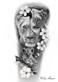 a black and white drawing of two lions with flowers on their head, one is holding a baby tiger