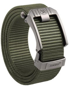 a green belt with metal buckles on the front and side of it is shown