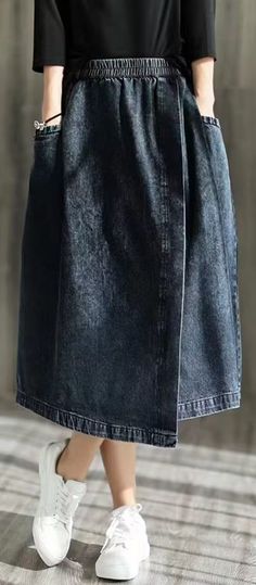 Asymmetrical Cotton Bottoms For Fall, Asymmetrical Cotton Denim Skirt, Chic Asymmetrical Fitted Denim Skirt, Chic Fitted Asymmetrical Denim Skirt, Fitted Chic Asymmetrical Denim Skirt, Knee-length Cotton Denim Skirt For Fall, Dark Wash Bottoms With Asymmetrical Hem For Summer, Casual Black Skirt With Asymmetrical Hem, Casual Dark Wash Bottoms With Asymmetrical Hem