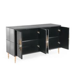 the sideboard is black and has two doors with gold handles on each side, one door open