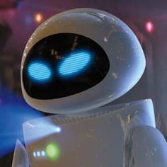 a close up of a robot with blue eyes and an eyeball in the background