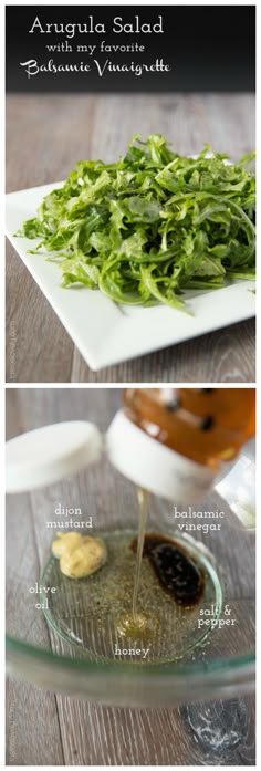 the ingredients to make arugula salad on a plate