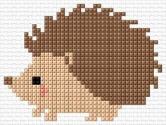 a cross stitch pattern of a hedgehog with brown hair and black eyes, on a white background