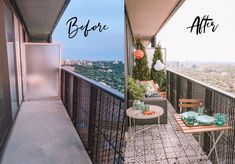 before and after photos of an apartment balcony