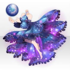 a woman in a blue dress is holding a purple ball and flying through the air