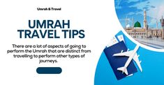 an advertisement for umrah travel tips, with the image of a plane flying in the sky