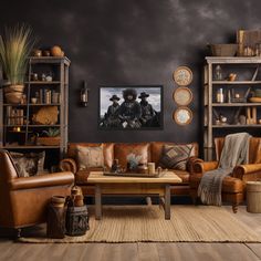 a living room filled with lots of furniture next to a book shelf full of books