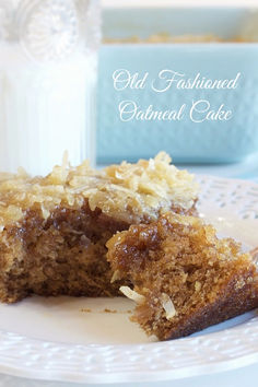 A piece of old fashioned oatmeal cake on a white plate with a glass of milk and blue cake dish in the background. Taste And Tell, A Piece Of Cake, Cake Tasting, Piece Of Cake, Yummy Sweets, How Sweet Eats, Eat Dessert