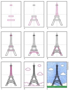 the eiffel tower is shown in several different colors and sizes, including pink