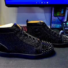 A Beautiful Pair Of Brand New Christian Louboutin Sz 44 Spikes Orlato Flat Pat/Vv/Suede Up For Sale With Original Dust Bag Extra Spikes Ect. Beautiful Shoe Sneakers For Prom, Christian Shoes, Prom Tux, Nike Shoes Girls, Mens Casual Dress Outfits, Wedding 2024, Mens Casual Dress, Black Sneakers, Mens Casual