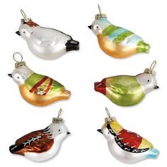 six glass birds with different colors and designs on each bird ornament, set of four