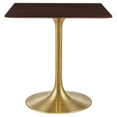 a gold pedestal table with a wooden top on an isolated white background for use in any room