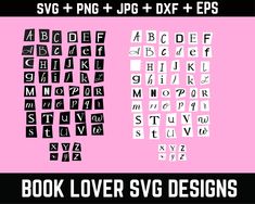 the book lover svg font and numbers are shown in black, white, and pink