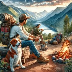 a man sitting next to a dog in front of a campfire with two men cooking