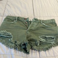 Free People Loving Good Vibrations Denim Button Fly Shorts Cotton Jean Shorts With Button Closure, Cotton Short Jeans With Button Closure, Cotton Cutoff Jean Shorts With Button Closure, Cutoff Cotton Jean Shorts With Button Closure, Green Button-up Cotton Bottoms, Trendy Green Button-up Bottoms, Cutoff Cotton Shorts With Buttons, Cotton Cutoff Jeans With Button Closure, Bleached Jeans