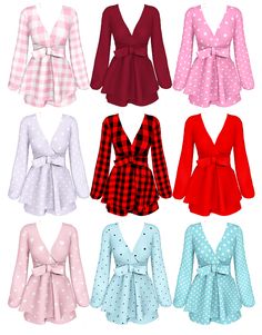 six different colored tops with polka dots and bows on the front, one in red, one in pink, one in blue