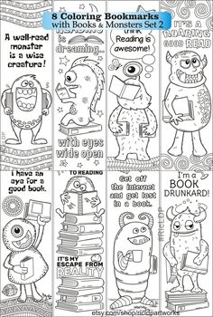 three coloring books with monsters on them and the words,'8 coloring bookmarks for kids