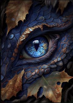 the eye of a blue dragon is seen in this close up photo, with leaves surrounding it