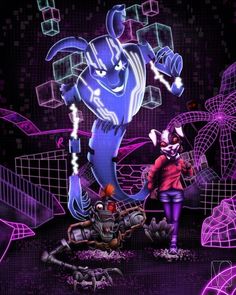 an animated image of two people in front of purple and black background with abstract shapes