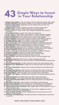 Explore 43 Simple Ways to Invest in Your Relationship and discover practical, everyday actions to strengthen your bond. These straightforward tips encourage deepening connection, enhancing communication, and fostering mutual respect and understanding. Ideal for couples seeking to enrich their partnership with meaningful, actionable steps. Delve into our suggestions on the pin and visit our website for more in-depth guidance on nurturing a loving, lasting relationship. #RelationshipInvestment #StrengthenYourBond Deep Connection, Relationship Tips, Couples Therapy, Relationship Advice, Conflict Resolution, Personal Growth, Self Improvement, Relationship Tools, Healthy Relationships, Deep Conversation Starters, Emotional Intimacy, Relationship Growth, Relationship Goals. How To Nurture A Relationship, Strengthen Relationship, Relationship Conflict Resolution, Loving Girlfriend, Relationship Advice Marriage, Improving Relationships, Couples Therapy Worksheets, Improve Relationship