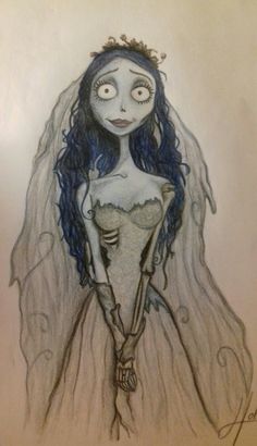 a drawing of a corpse bride with blue hair