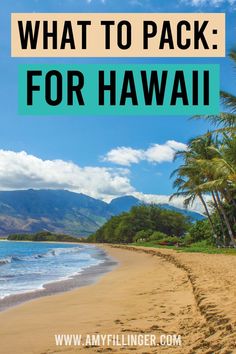 a beach with palm trees and the words hawaii travel written in large letters on it