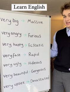 a man standing next to a white board with writing on it