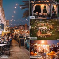 an outdoor event with tables and lights in the evening, people sitting at tables outside