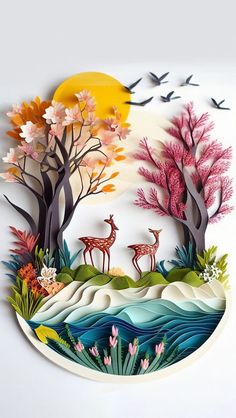 paper cut art with deer and trees in the background