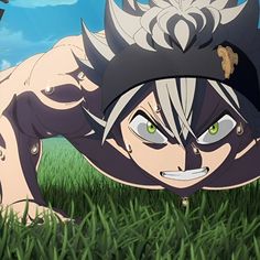 an anime character laying in the grass with his eyes wide open and one hand on his head