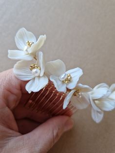 Luna bridal hair comb with handmade ivory clay flowers and freshwater pearls for brides looking something with a vintage vibe or late summer wedding. Light and easy to wear. Sent beautifully packaged in Medze Bride gift box. As each Luna hair comb is made to order specially for you I cannot accept refunds/exchanges. But if you have any problems with your order please email me and I'll be happy to help you. Bridal Hair With Floral Comb, Bridal Hair With Flowers, Wedding Hair With Flowers, Vintage Wedding Hats, Fascinator Hats Diy, Wedding Hairstyles And Makeup, Pearls Wedding, Floral Comb, Jewellery Bridal