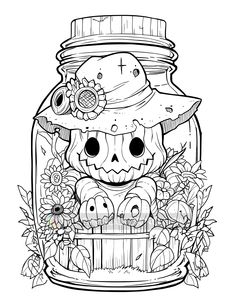 a drawing of a skull in a jar filled with flowers