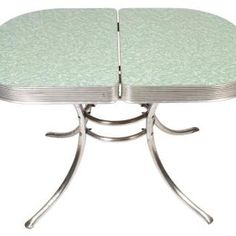 two square tables with metal legs and green glass tops on each side, set against a white background