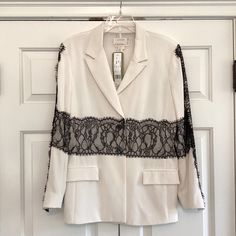 Nicole Miller Artelier White Black Lace Blazer Jacket Sz Large New With Tags White With Black Lace Retail:$550 Silk Sheer Back Two Functional Pockets Designer White Blazer For Fall, Designer White Evening Blazer, Designer White Spring Blazer, Designer White Blazer For Spring, White Designer Blazer For Spring, Lace Blazer Jacket, Lace Blazer, Nicole Miller, Blazer Suit