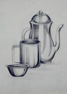 this is a drawing of teapots and cups