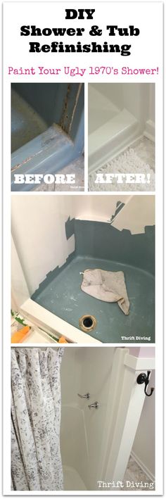 bathroom remodeling before and after pictures with text overlay that reads, shower tub remodeling paint your ugly 1970's shower