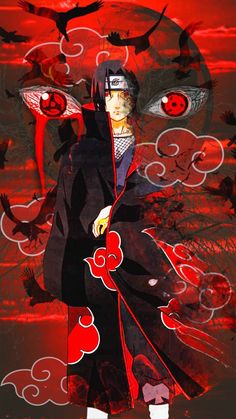 an anime character is standing in front of red and black background with birds flying overhead