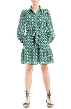 A tied waist shapes this patterned button-front dress framed by long billowy sleeves and crafted from crepe. 36 1/8" length (size S) Spread collar Long sleeves Button front closure 100% polyester Machine wash cold, line dry Imported Model stats: 5'10", 32" bust, 25" waist, 36" hip. Model is wearing size S. Button-up Cotton Dresses With Rolled Sleeves, Spring Button-up Rayon Shirt Dress, Casual Long-sleeved Mini Dress With Button Closure, Medium Wash Non-stretch Button-up Dress, Non-stretch Medium Wash Button-up Dress, Billowy Sleeves, Button Front Dress, Max Studio, Crepe Dress