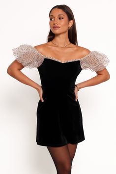 DETAILS     Whether you're heading to a fancy event or just want to elevate your everyday look, our Ennette dress has got you covered. Pair it with some strappy sandals for a stylish summer look, or rock it with some chunky boots and a leather jacket for an edgy twist.     mini length  sweetheart neckline  short puff sleeves with elasticised cuffs  elasticised shoulders  invisible side zip   polka dot design feature  unlined   material - 95% polyester 5% spandex    SIZING     studio model is 5' Glamorous Black Mini Velvet Dress, Black Embellished Mini Dress With Sweetheart Neckline, Luxury Black Puff Sleeve Mini Dress, Black Mini Dress With Sweetheart Neckline And Built-in Bra, Dolls Kill Dress Black, Polka Dot Design, Mini Velvet Dress, Chunky Boots, Strappy Sandals